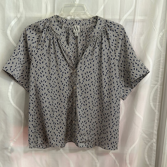 Worthington Tops - Worthington Escher Geometric Print, V Neck, Short Sleeve Button Down Blouse.